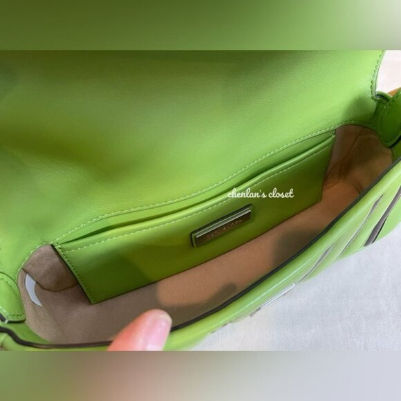 Tory Burch Kira Green Leather Shoulder Bag Stripe Chain Strap Silver Hardware - Picture 9 of 13